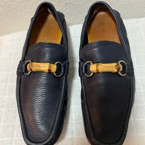 Gucci Navy Leather Loafers with Tan Accent